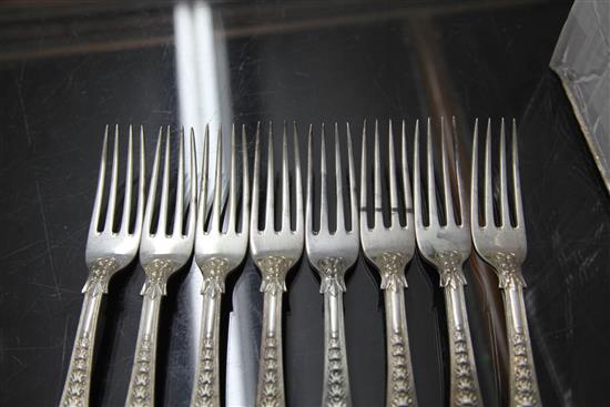 A part suite of George IV silver double struck Coburg pattern flatware, by Eley & Fearn, 98 oz.